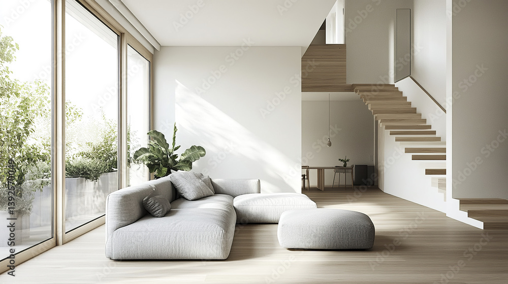 Naklejka premium Modern living room with light wood floor and large windows