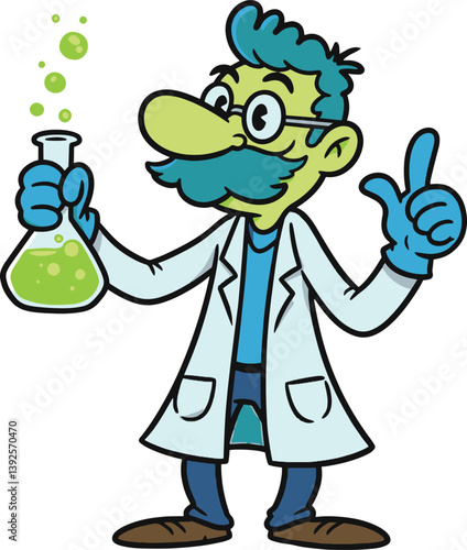 Cartoon scientist illustration holding beaker with green liquid idea