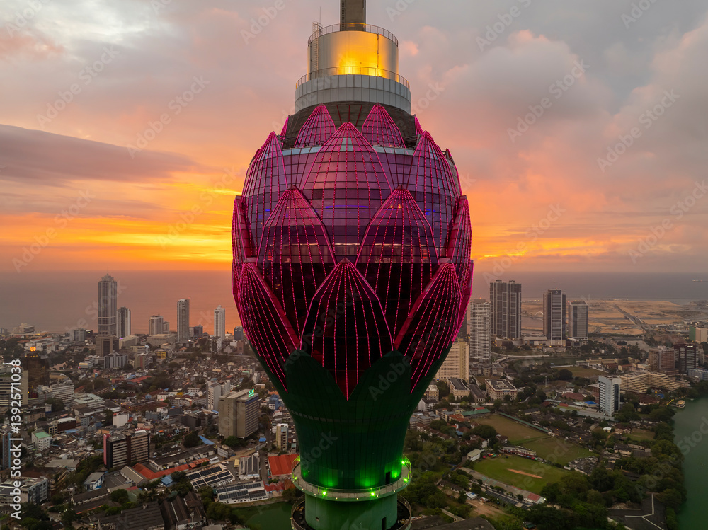 The Lotus Tower in Colombo, Sri Lanka, is a 350-meter-tall structure resembling a lotus flower. It serves as a telecommunications hub and offers panoramic city views