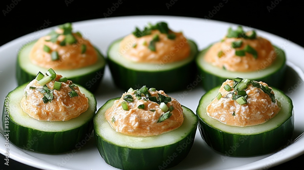 Cucumber Bites with Creamy Dip on Plate Cucumber Bites with Creamy Dip on Plate