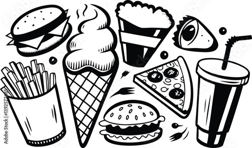 Fast Food Feast Burgers, Fries, Pizza, Ice Cream, Soda
