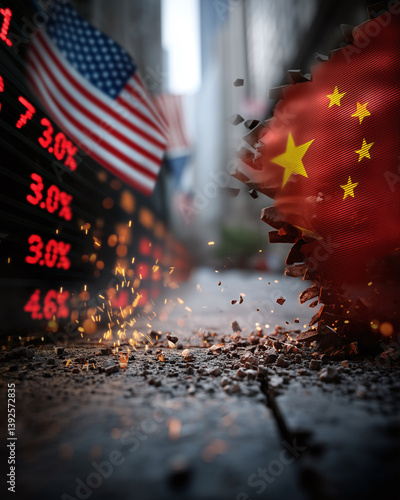 Two cracked silhouettes of the US and China flags face off in a cityscape, visualizing fractured geopolitical relations.