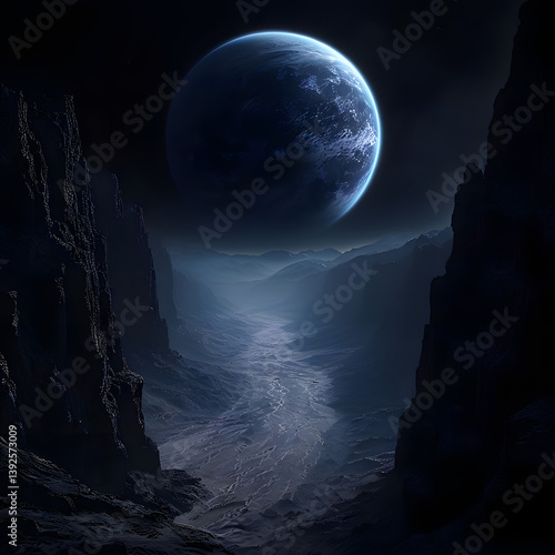 the moon over the mountains, Alien Canyon Landscape With Towering Rock Formations