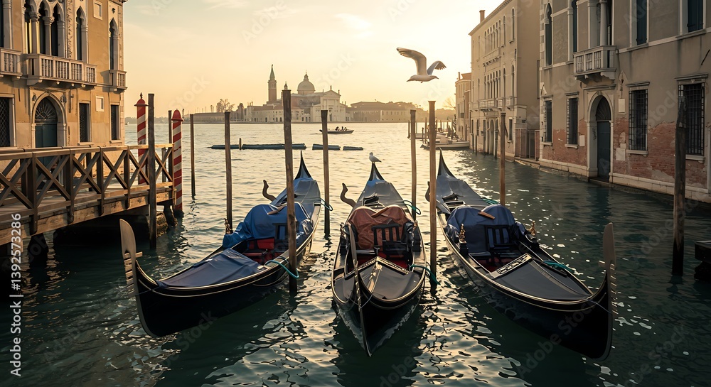 Fototapeta premium Golden Hour Gondolas: Venetian Canal Serenity AI Generated