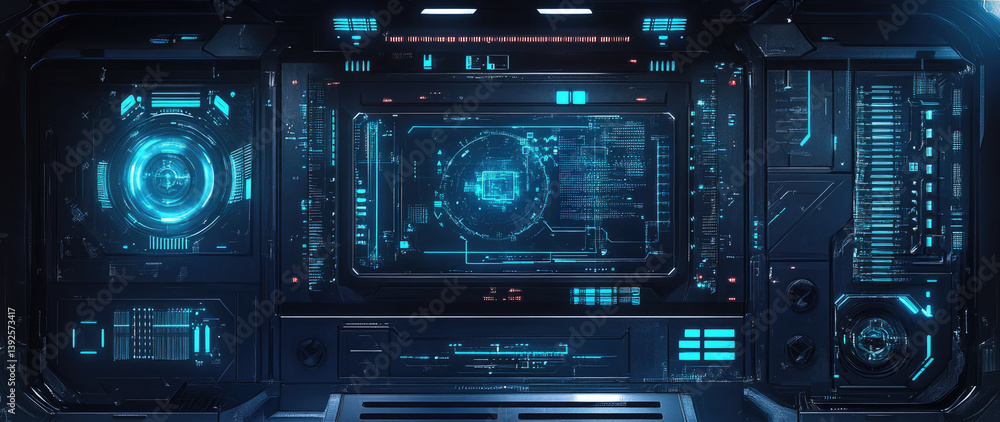 Futuristic Spaceship Cockpit Interior with Glowing Blue Holographic Displays and Complex Technology. Futuristic Spaceship Cockpit Interior with Glowing Blue Holographic Displays and Complex Technology.