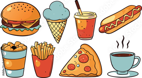 Fast Food Icons Burger, Hot Dog, Pizza, Fries, Ice Cream