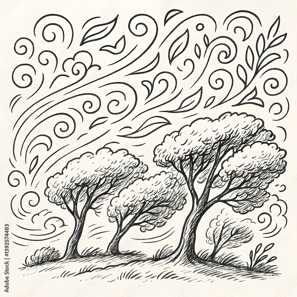 Fototapeta premium A minimalist, swirling line drawing that captures the motion of wind flowing through trees, accompanied by abstract shapes symbolizing the energy and rhythm of nature