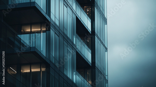 Close up view of the exterior of a modern building with glass windows and dark gray balconies