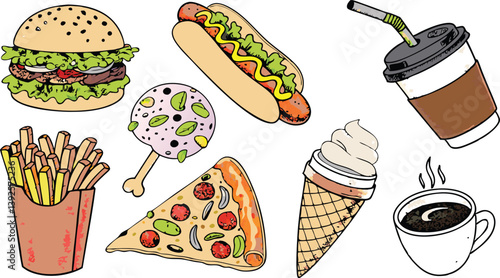 Delicious Fast Food Collection Burgers, Hot Dogs, Pizza, Fries
