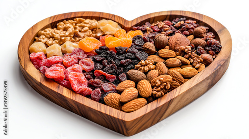 Heart-shaped wooden plate with dried fruits, nuts, and khanom chan on a white background
