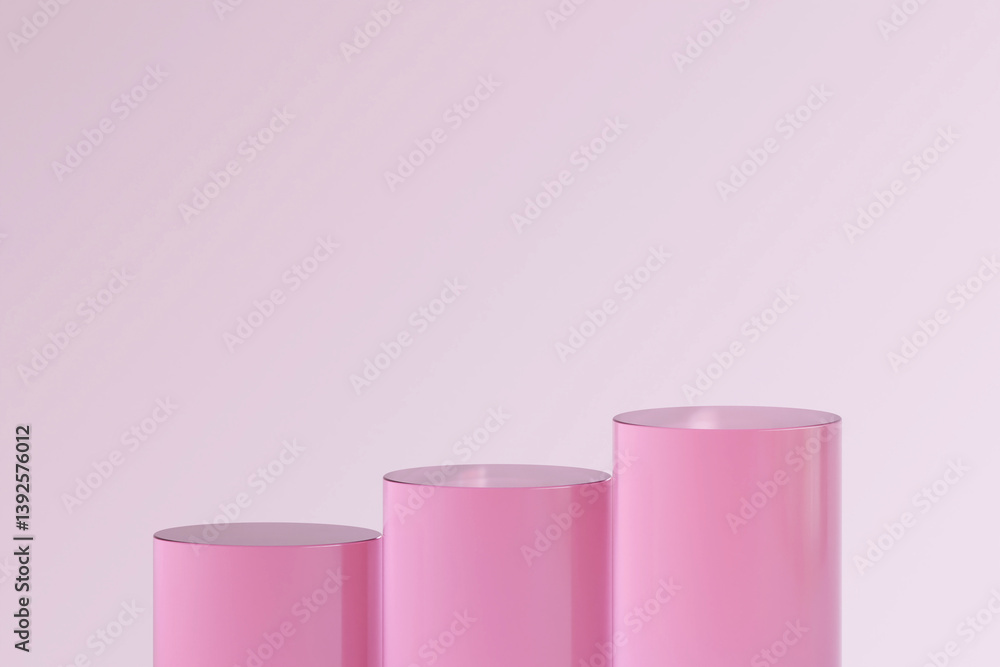 Three pink cylindrical podiums or stands in a row, perfect for product display or presentation Three pink cylindrical podiums or stands in a row, perfect for product display or presentation