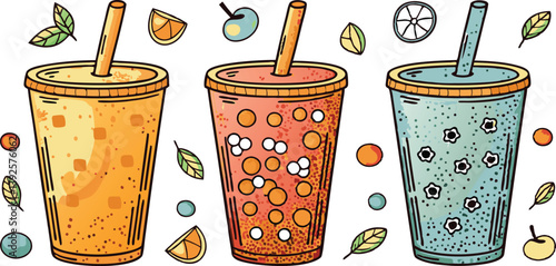 Refreshing Fruit Bubble Teas Orange, Strawberry, Blueberry Drinks
