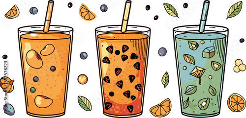 Refreshing Fruit Smoothies Orange, Berry, Mint Summer Drinks