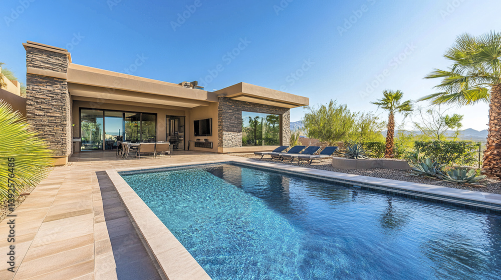 Fototapeta premium Modern home with pool and palm trees under clear sky
