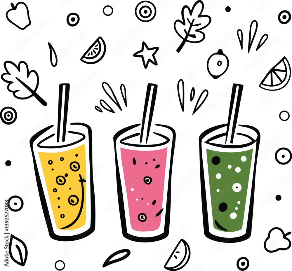 Fototapeta premium Refreshing Fruit Smoothies Yellow, Pink, Green, Healthy Drinks