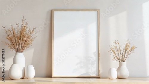 Minimalist home office scene with wooden frame and decorative vases of dried flowers