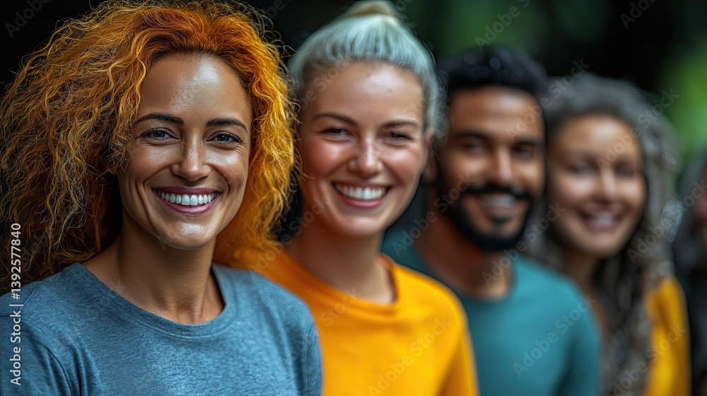 Fototapeta premium Smiling Multicultural Group of Young Adults Promoting Diversity and Inclusion Outdoors