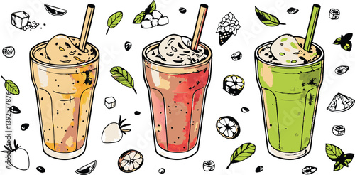 Refreshing Iced Summer Fruit Smoothies Strawberry, Watermelon, Kiwi