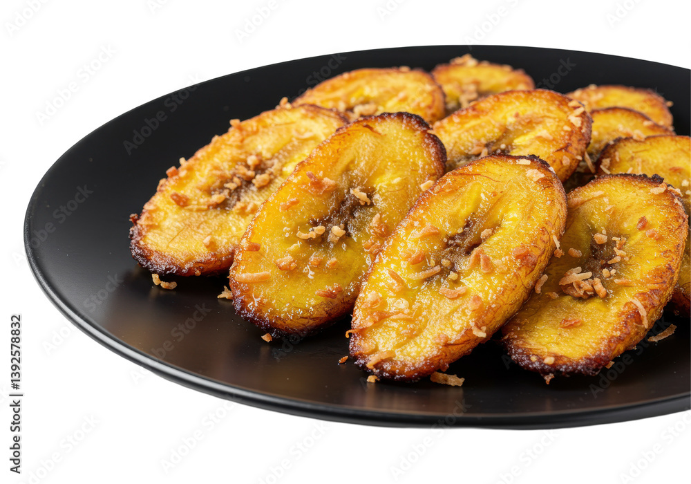 Golden Fried Plantains Served on a Black Plate, Highlighting Crispy Texture and Garnish Golden Fried Plantains Served on a Black Plate, Highlighting Crispy Texture and Garnish
