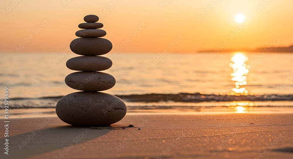 Balanced Rocks at Sunset Beach: Serene Coastal Photography AI Generated Balanced Rocks at Sunset Beach: Serene Coastal Photography AI Generated