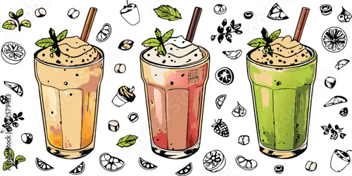 Refreshing Iced Summer Fruit Smoothies Mint, Straw, Delicious