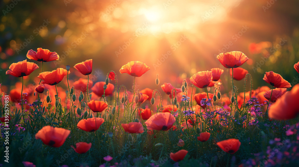 Fototapeta premium A vibrant sunrise illuminating a meadow of blooming flowers, including poppies, with a beautiful mix of red, orange, and green hues