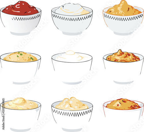Nine Delicious Dips in White Bowls Sauces, Spreads, and Condiments