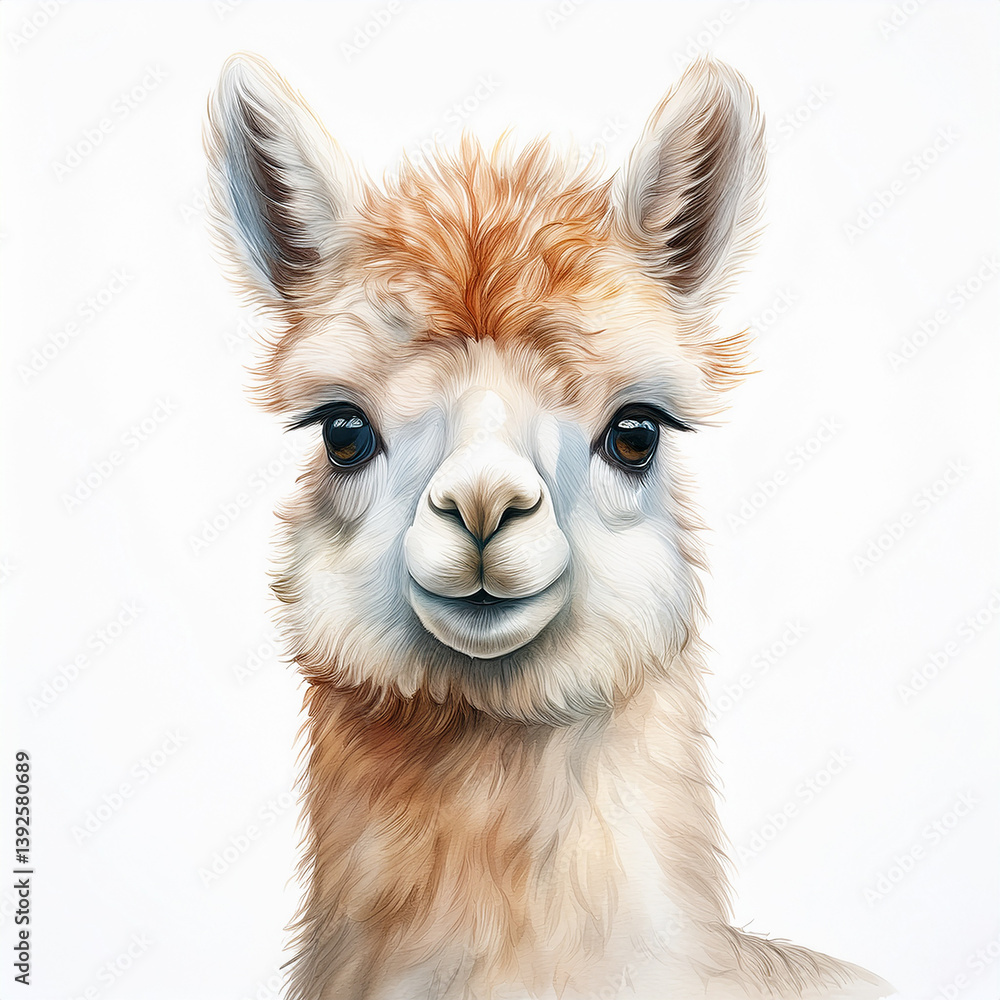 Fototapeta premium Watercolor painting of cute baby lama isolated on white. Adorable animal, zoo. Hand drawn art.
