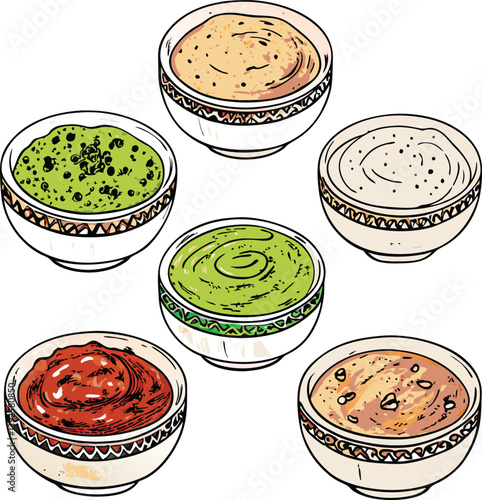 Six Delicious Dips Gourmet Sauces in Decorative Bowls