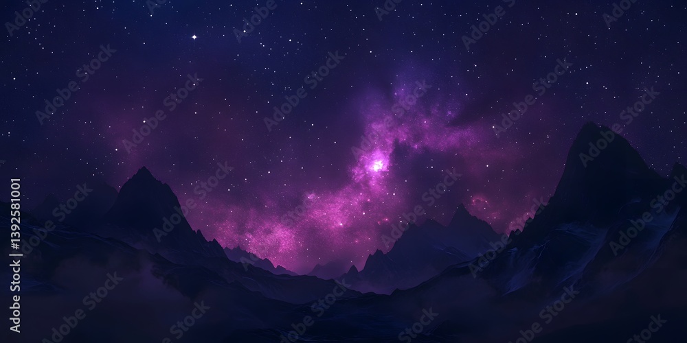 Naklejka premium Stunning Night Sky Over Majestic Mountains with Colorful Nebula