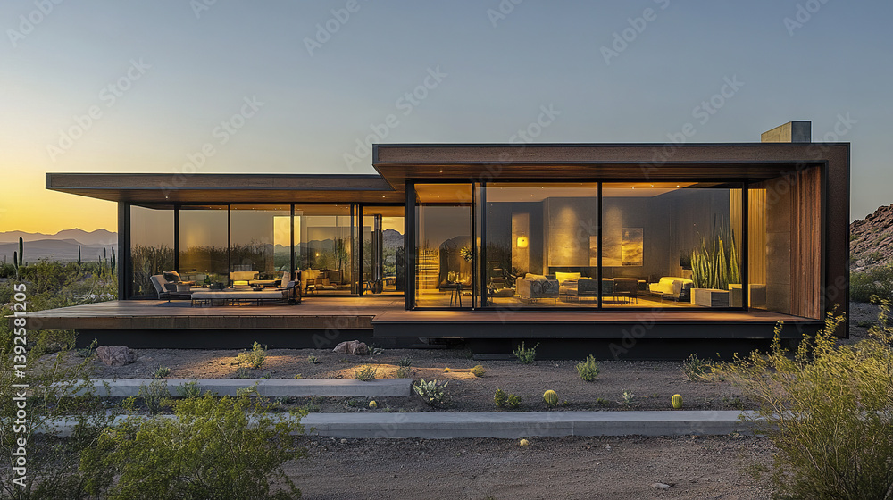 Sleek modular home with wood and glass facade in desert landscape Sleek modular home with wood and glass facade in desert landscape