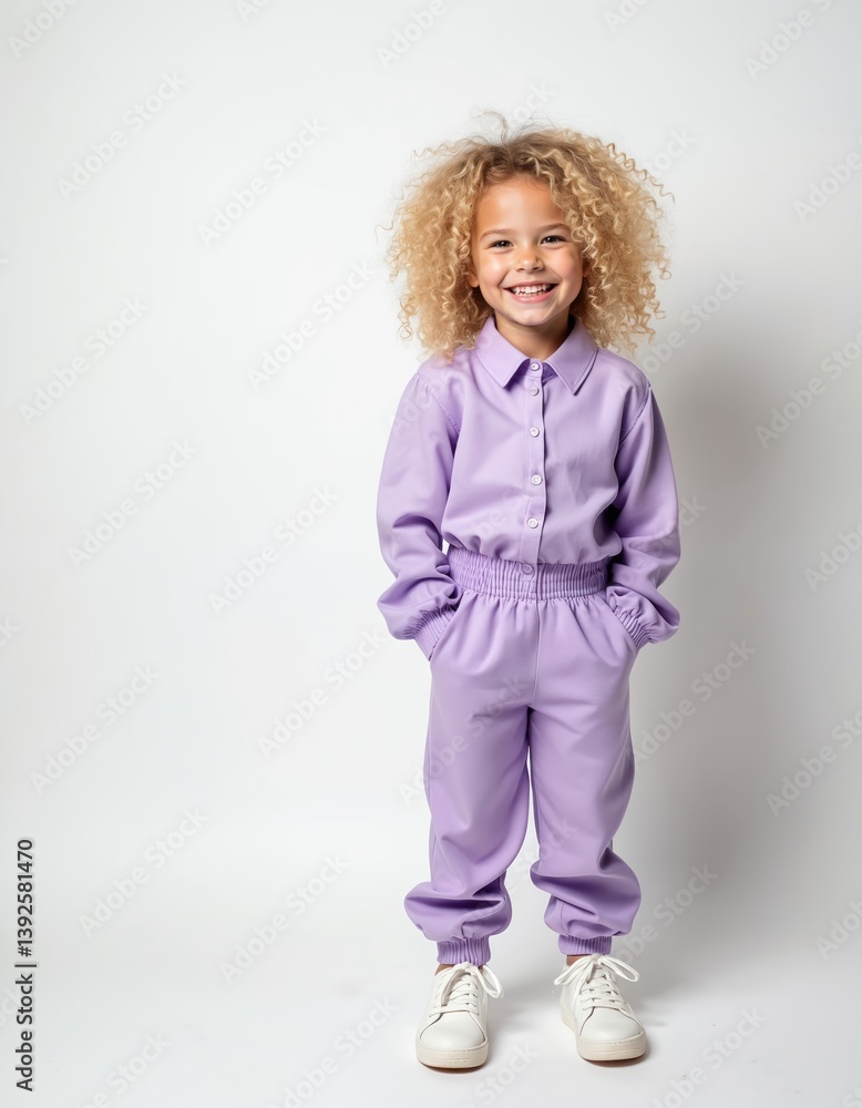 Happy little blonde girl smiles at camera posing. Curly hair, dressed in purple blouse and pants, white sneakers on white background. Studio shot, kid fashion, childhood joy and happiness. Happy little blonde girl smiles at camera posing. Curly hair, dressed in purple blouse and pants, white sneakers on white background. Studio shot, kid fashion, childhood joy and happiness.