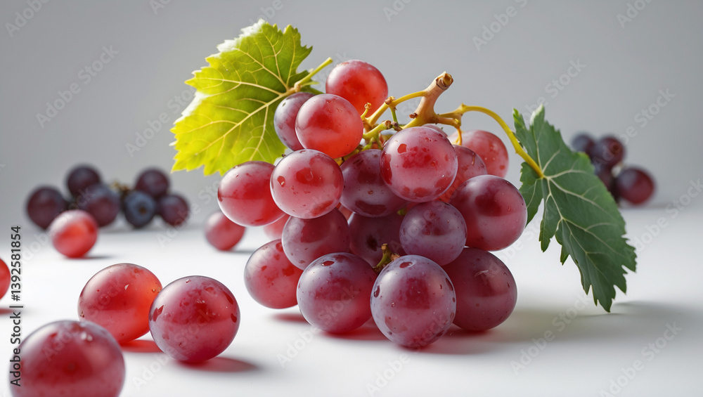 Fototapeta premium Fresh Red Grapes Close Up With Green Leaf On Clean White Background