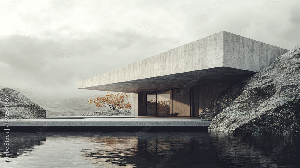 Fototapeta premium Sleek Scandinavian luxury home with geometric lines by tranquil lake