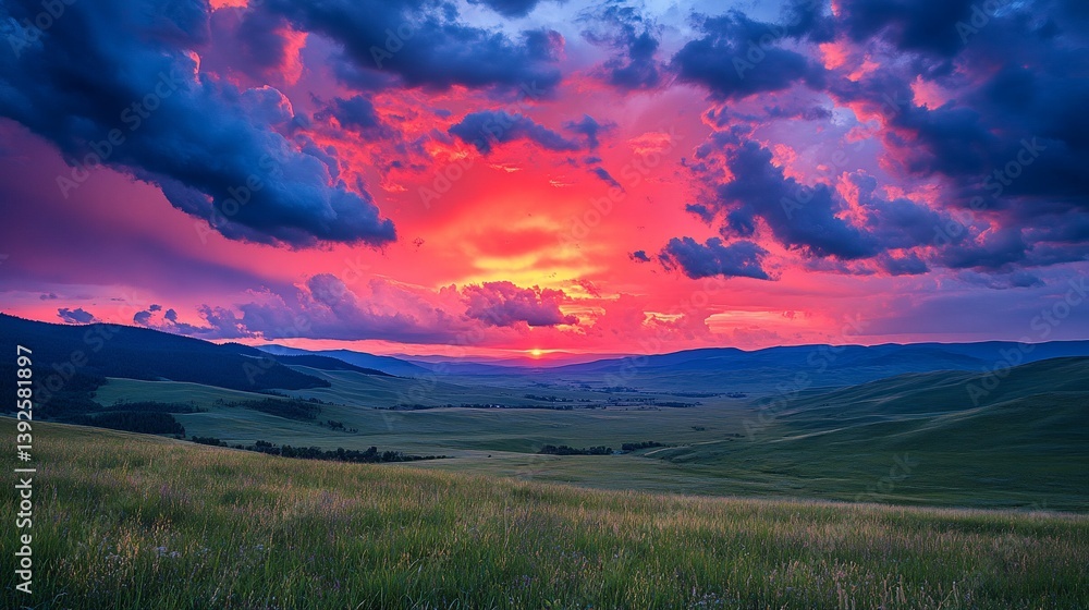 Obraz premium Colorful sunset over a grassy valley