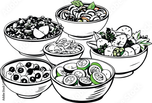 Delicious Assorted Bowls of Salads, Fruits, and Healthy Dishes