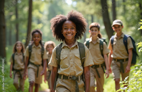 Portrait black girl scouts smiling at camera during nature hike in forest. Children hiking together with backpacks, enjoying outdoor adventure in wood. Group of scouts walking forest trail, exploring