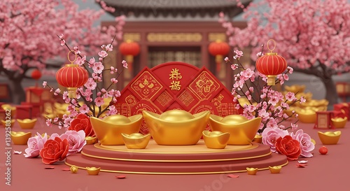 3D Render: Lunar New Year Celebration in a Tranquil Garden AI Generated