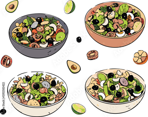 Delicious Gourmet Salad Bowls Fresh Ingredients, Vibrant Colors
