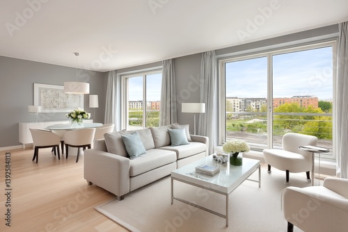 Wallpaper Mural A spacious open-plan living room in a luxury apartment with large windows and city views Torontodigital.ca