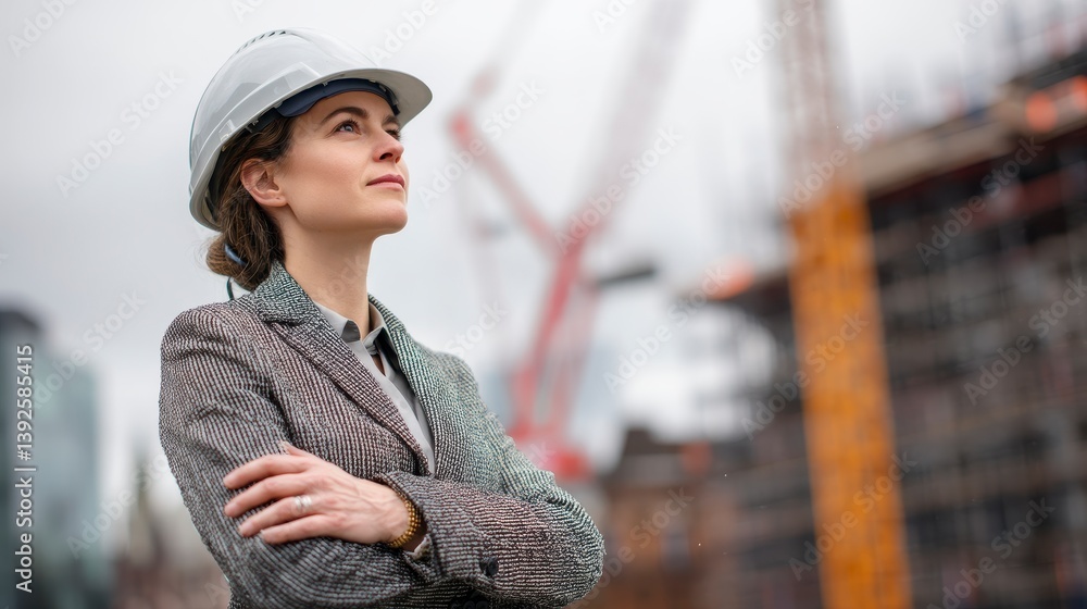 The Architect's Vision: An inspiring female architect, wearing a hardhat and suit, exudes confidence as she gazes towards the construction site, symbolizing the future and ambition. The Architect's Vision: An inspiring female architect, wearing a hardhat and suit, exudes confidence as she gazes towards the construction site, symbolizing the future and ambition.