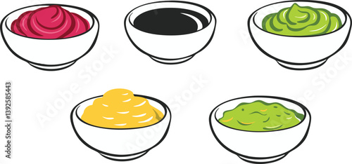 Colorful Bowls of Delicious Dips Sauces, Spreads, and Condiments
