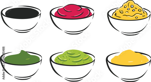 Six Colorful Bowls of Delicious Sauces and Dips Variety
