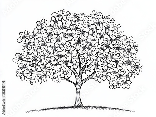 Blossoming tree, spring, garden, nature, illustration, white background, design, art