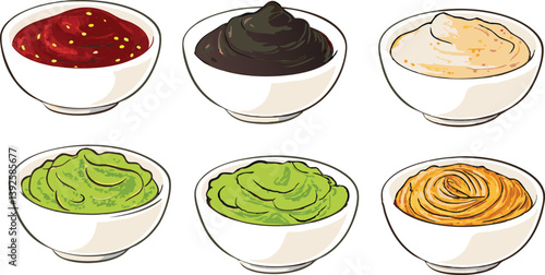 Six Delicious Dips Sauces, Spreads, and Condiments in Bowls