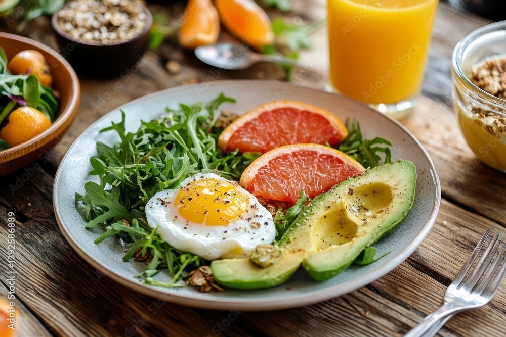 Healthy Breakfast with Egg, Avocado, Grapefruit, and Fresh Greens Healthy Breakfast with Egg, Avocado, Grapefruit, and Fresh Greens