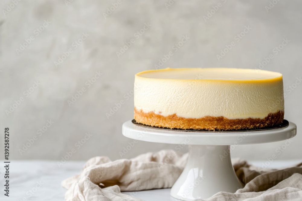 Smooth Creamy Cheesecake on White Stand with Minimalist Background Smooth Creamy Cheesecake on White Stand with Minimalist Background