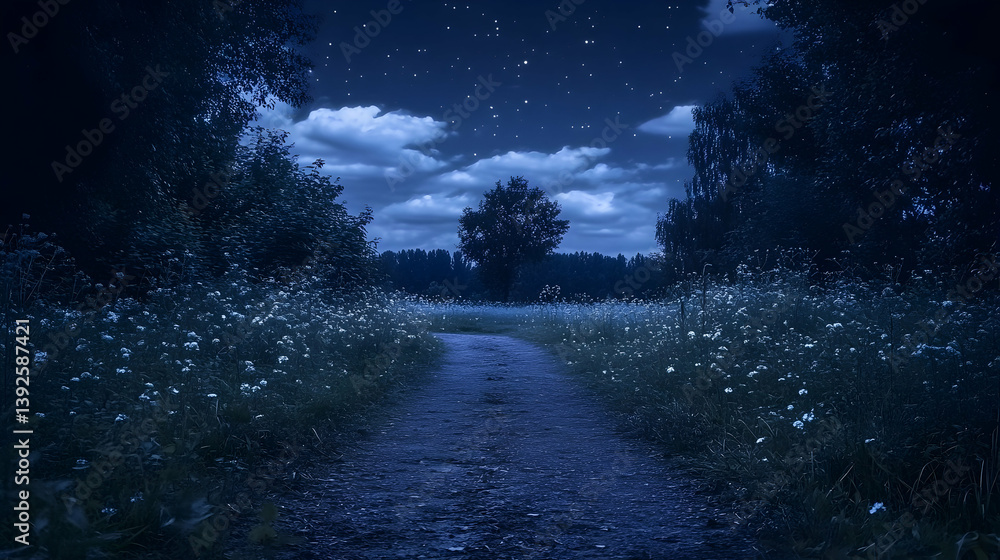 Obraz premium Night path, wildflowers, starry sky, forest