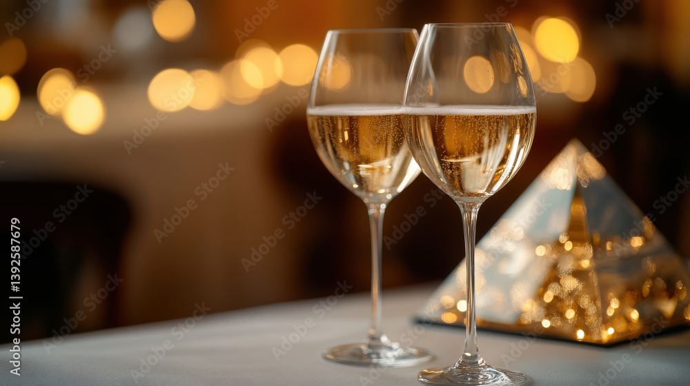 Elegant glasses of sparkling wine on a table with a glowing pyramid centerpiece Elegant glasses of sparkling wine on a table with a glowing pyramid centerpiece