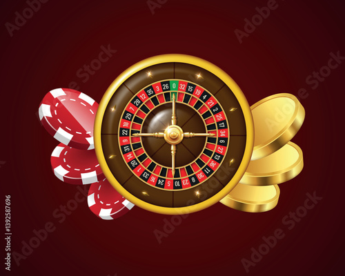 Casino illustration. Roulette, golden coins and chips. Vector illustration isolated on red background.
